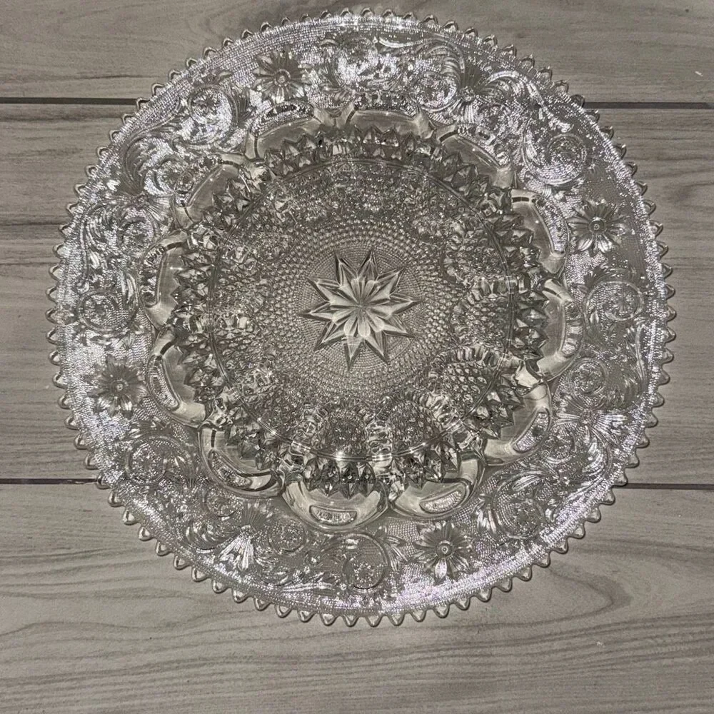 vintage Duncan & Miller clear glass deviled egg server in the 